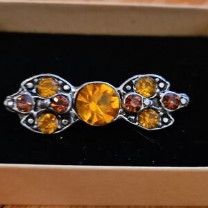 Amber And Rhinestone Inlaid In Silver, Bow-Shaped Brooch, Vintage, EUC